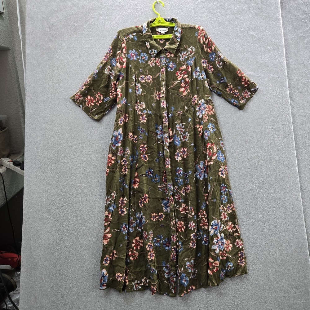 Woman Within Women Dress 20W PETITE Green Floral Maxi Shirt Dress Cottagecore